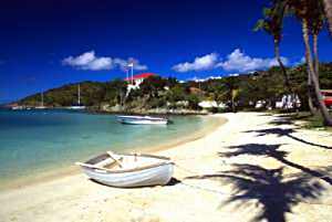 A boat pulled up onto the Cruz Bay beach